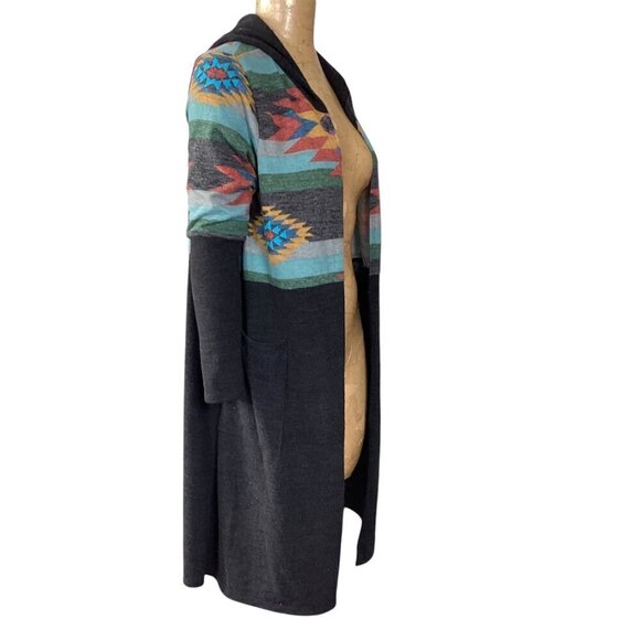 7th Ray Southwestern Aztec Tribal Longline Hooded Duster/Cardigan Pockets L 317A - Picture 3 of 7